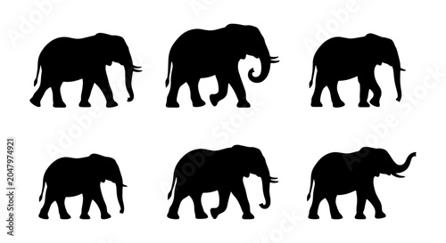 Картината върху платно Six Silhouette Elephants, African Wildlife Vector Icons, Safari Mammal Graphics,