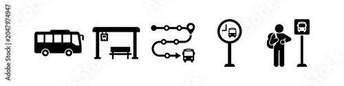 Fotografie A comprehensive set of black bus transportation icons including a vehicle, bus stop, route map, and commuter