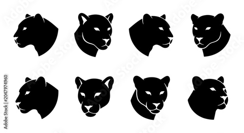 Photography Black Panther Head Silhouettes, Wild Cat Vector Icons, Fierce Feline Profile Gra