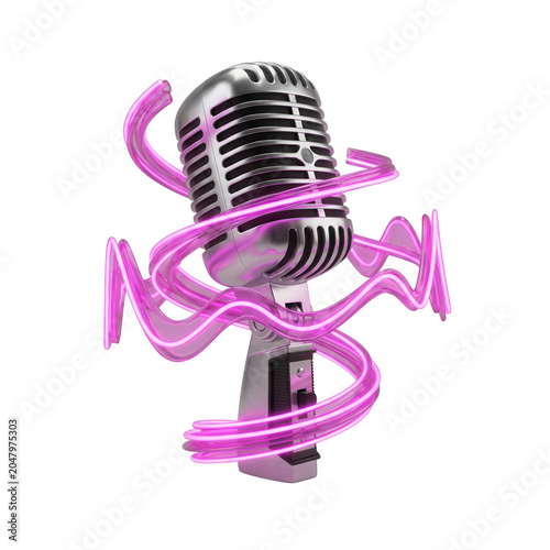 Retro Microphone with Neon Ribbon isolated on transparent background