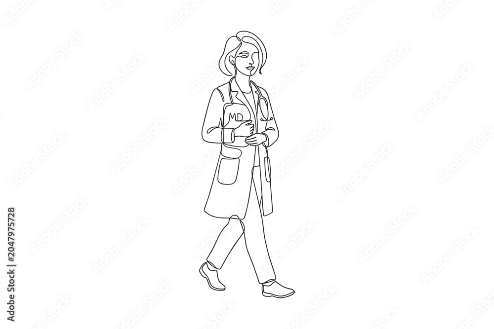Obraz premium Continuous line drawing of a female doctor walking in a lab coat.