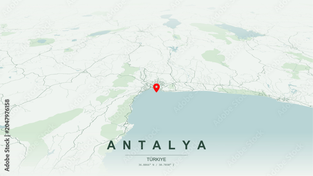 Obraz premium Modern minimalist vector map of Antalya, Turkey. High-quality scalable illustration of Antalya city grid, Konyaalti and Lara beach corridors, and Mediterranean highway networks for posters design.