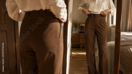 Woman adjusting brown trousers in mirror