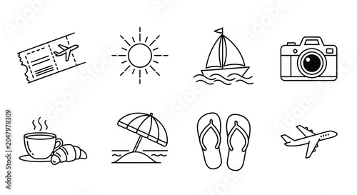 Vacation, travel icons, line art style, 8 elements, black and white, minimalistic design, tourism symbols, vector graphics