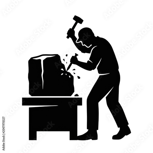 Silhouette of Stonemason Carving Stone with Hammer and Chisel