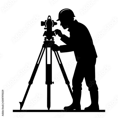 Silhouette of Surveyor Using Theodolite on Tripod