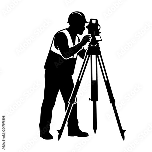 Silhouette of Surveyor Using Total Station on Tripod
