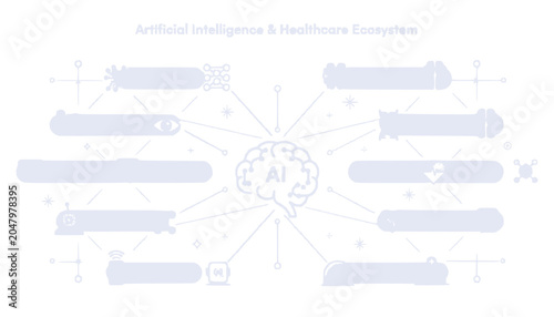 AI and Healthcare Ecosystem Diagram: Brain with AI, Connected Medical Icons