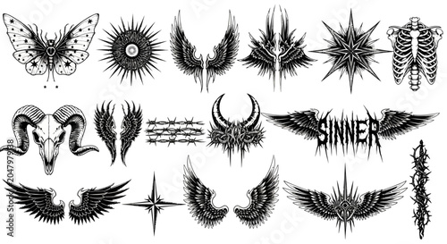 Fotografi Tattoo, black and white, vector illustrations, wing and skull designs, sinner ty