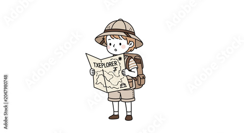Bild auf Leinwand Cartoon boy with a backpack map.