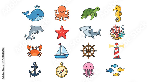 Photography Colorful ocean animal icons set.