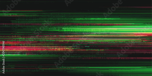 A vibrant abstract background featuring horizontal lines of digital glitch art in striking shades of green and red, suggesting data corruption or signal interference.