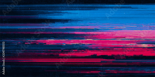 A vibrant, abstract composition featuring horizontal bands of glitchy, digital noise in striking shades of electric blue, neon pink, and deep black, creating a dynamic and modern visual effect.