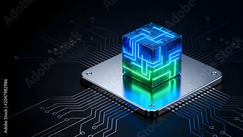Cube with glowing circuit on metallic plate