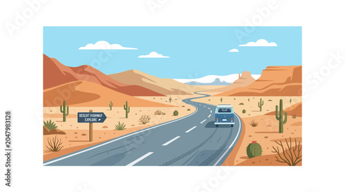 Foto Car drives down desert highway road.