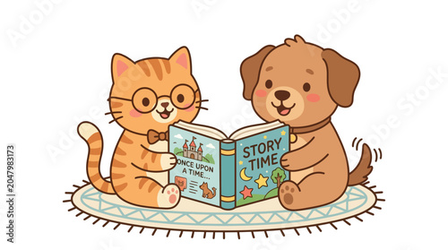 Quadro em tela Cat and dog reading book together.