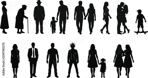 Photos Collection of diverse people black silhouettes including families couples elderl
