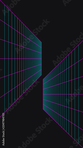vertical background, 9:16 aspect ratio. retro futuristic synthwave dark background with cyan and magenta grid. mobile wallpaper with receding 3D perspective. SVG file available only on Adobe Stock.