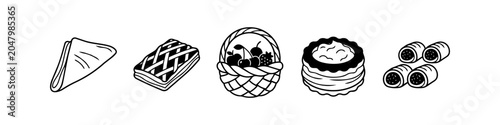 Fotografie Set of hand-drawn vector icons featuring a napkin, lattice pastry, fruit basket, tartlet, and snack rolls