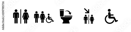 Fotografie Set of black restroom and toilet icons including male, female, disabled access, and toilet lid instructions