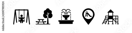 Tableau sur toile Set of flat black icons for park and playground amenities including a child on a swing, picnic table with tree, water fountain, map pin with slide, and play structure