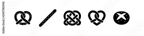 Canvas Print Set of minimalist black bakery icons featuring various pretzels, a seeded breadstick, and a crusty bun roll