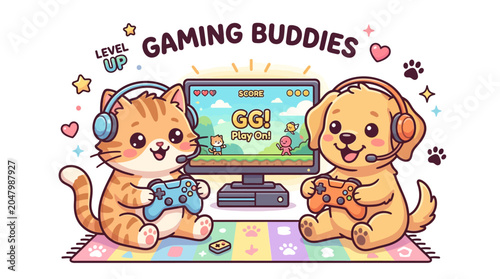 Schilderij op canvas Cat and dog playing video games.