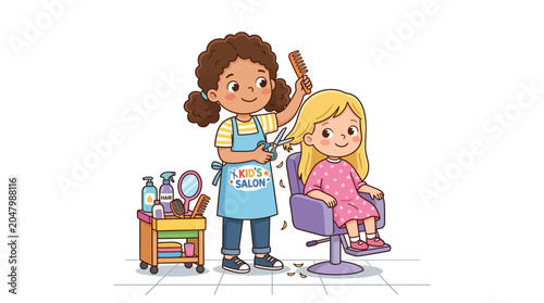 Foto Little girl getting haircut by stylist.