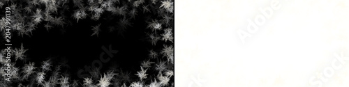A symmetrical border of frosty white ice crystals elegantly frames a clear dark central area for creative content.