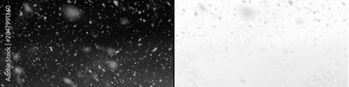 Falling snow on a black background and transparent, light blizzard effect for winter designs.
