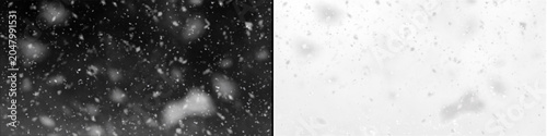 Falling snow on a black background and transparent, natural blizzard effect for winter designs.
