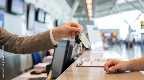Receptionist handing over a bunch of keys with a blank tag to a customer at a hotel or car rental desk