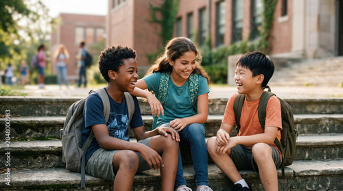Children sit on steps and share laughs outside school during sun