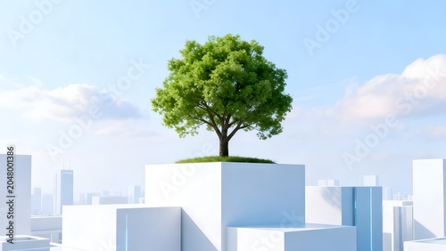 Tree on white cube in cityscape