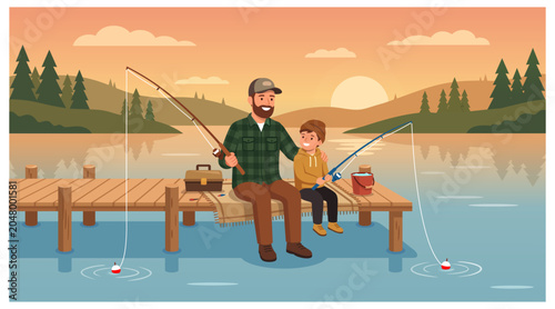 Flat vector illustration of a bearded father and son fishing together on a lake dock at sunset. Pine trees, reflections, tackle box and bucket. Warm autumn tones.