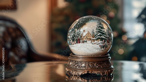 A decorative snow globe, showcasing a winter village scene, sits on a table in front of a Christmas tree