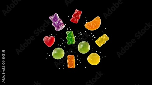 Vibrant gummy bears, jelly hearts, and translucent fruit candies float in mid-air surrounded by sparkling sugar crystals against a solid black background. The high-contrast cinematic 3D rendering make