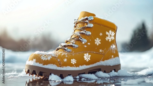 Yellow winter boot, covered in snow,  on icy ground