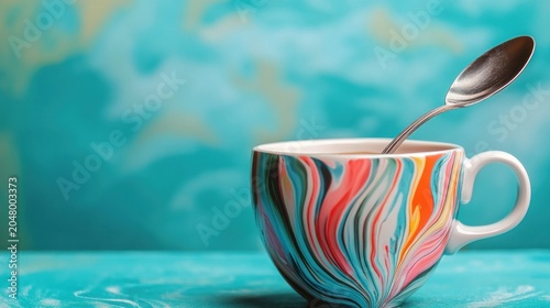 Vibrant teacup with a spoon, serene teal backdrop