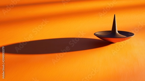 Dark spinning top on orange surface