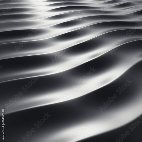 Smooth, undulating dark grey metallic waves with bright highlights, abstract background. Use: tech presentation, website background, luxury branding.
