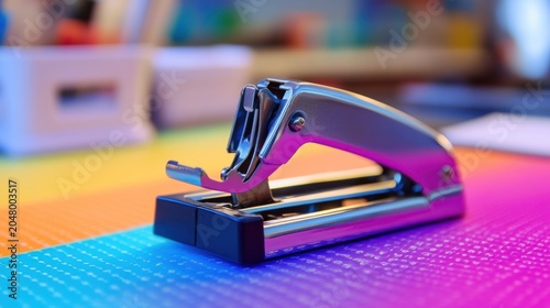 Small, metallic stapler on colorful desk mat