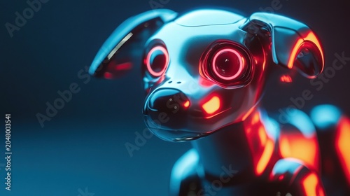 Futuristic robotic dog, sleek metallic design with glowing eyes