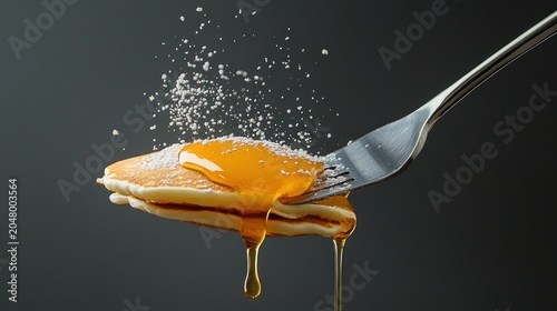 Golden pancake dripping with syrup, dusted with powdered sugar