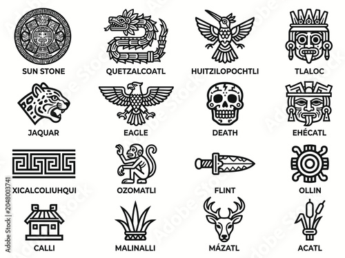 Set of aztec symbols and icons, ancient mexican culture elements