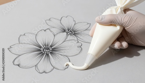 Hand wearing glove piping cream onto drawing of flowers.