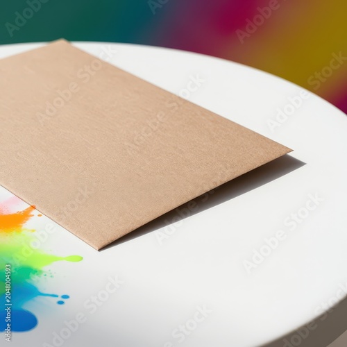 Brown paper envelope on a white surface with colorful paint splashes. Use: art project, invitation design, graphic design template.
