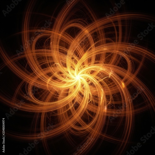 Abstract glowing orange spiral lines against a dark background. Use: science fiction movie poster, energy company logo, music album art.