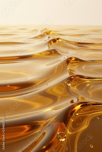 Abstract golden liquid waves with light reflections and small bubbles, close-up.