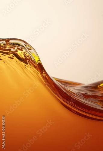Golden liquid wave with bubbles and reflections against a plain background. Use: beverage advertisement, cosmetic packaging, abstract background.